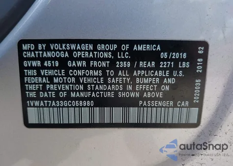 2016 Volkswagen Passat 1.8T R-Line from USA, damaged, VIN 1VWAT7A33GC058980